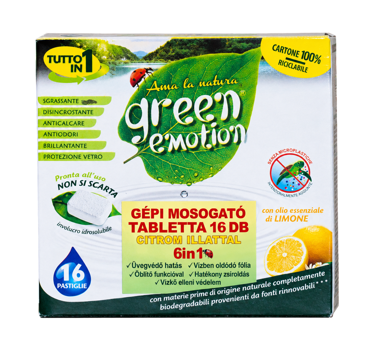 GREEN EMOTION Gépi mosogató tabletta 6in1 Citromos 16 db