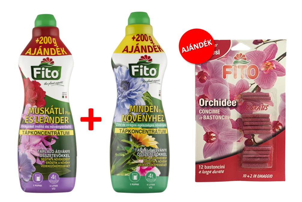 FITO Tápoldat minden növényre & FITO Muskátli & leander tápoldat + AJÁNDÉK FITO orchidea táprúd 12db
