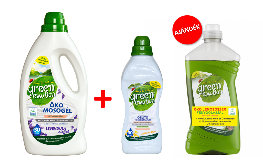 GREEN EMOTION ÖKO Mosógél 1,5 l & Öblítő 750 ml + AJÁNDÉK ÖKO Általános lemosószer