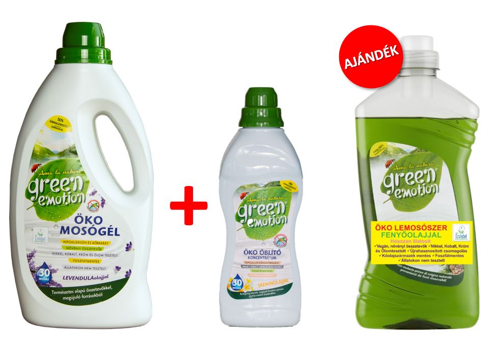 GREEN EMOTION ÖKO Mosógél 1,5L & Öblítő 750ml + AJÁNDÉK ÖKO Általános lemosószer