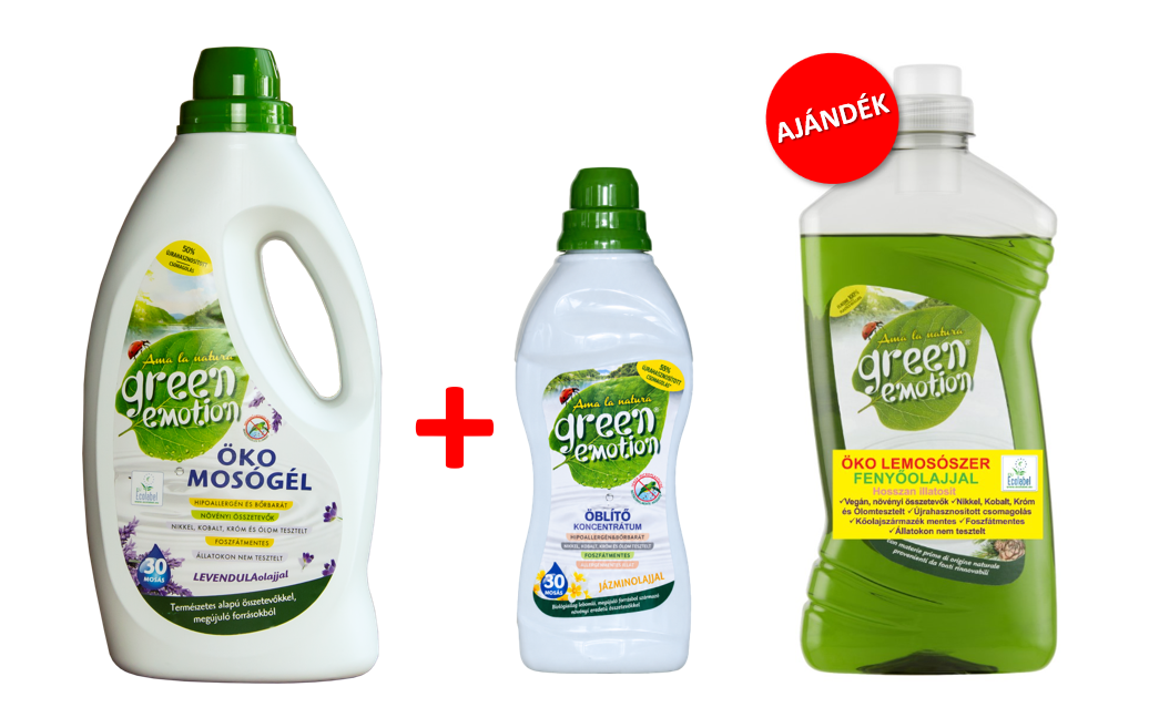 GREEN EMOTION ÖKO Mosógél 1,5 l & Öblítő 750 ml + AJÁNDÉK ÖKO Általános lemosószer