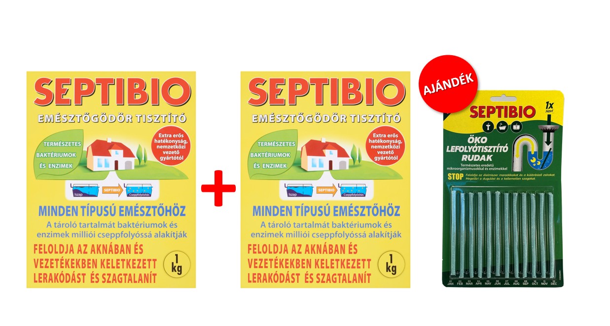 2 db SEPTIBIO Emésztőgödör tisztító 1kg + AJÁNDÉK SEPTIBIO Lefolyótisztító rudak 12db