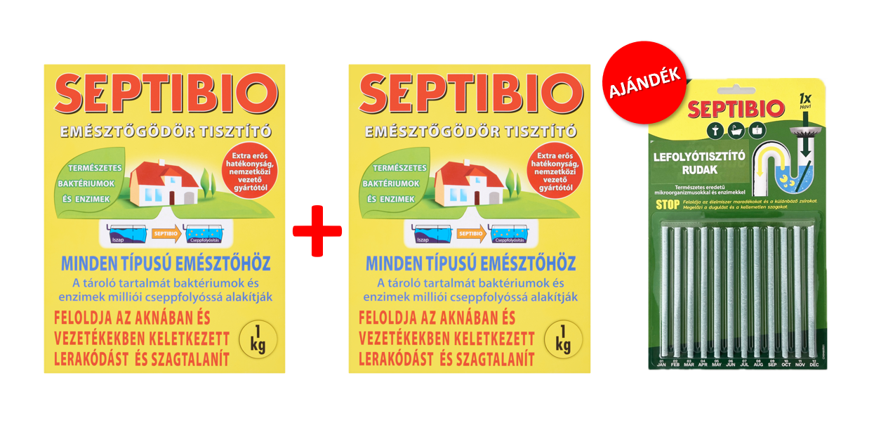 2 db SEPTIBIO Emésztőgödör tisztító 1kg + AJÁNDÉK SEPTIBIO Lefolyótisztító rudak 12db