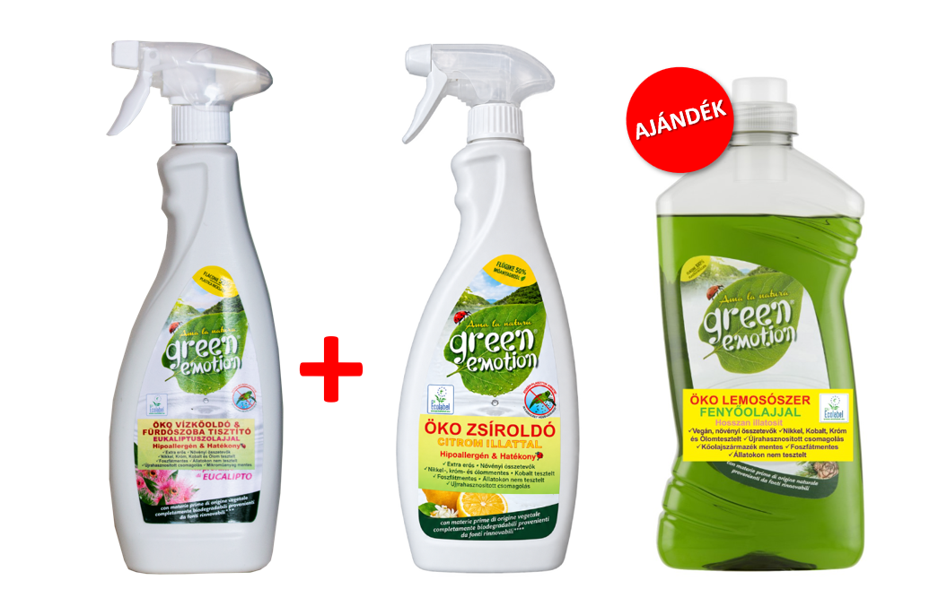 GREEN EMOTION ÖKO Vízkőoldó 750 ml & Zsíroldó 750 ml +AJÁNDÉK Általános lemosószer