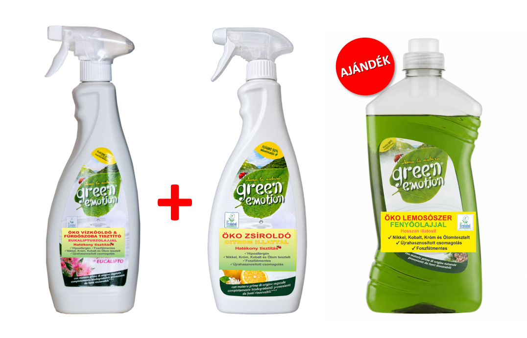 GREEN EMOTION ÖKO Vízkőoldó 750 ml & Zsíroldó 750 ml +AJÁNDÉK Általános lemosószer